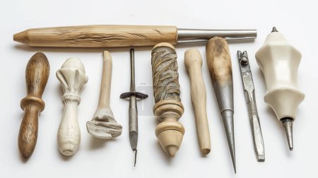 Assorted pottery and sculpting tools with various wooden and metal handles on a white background.