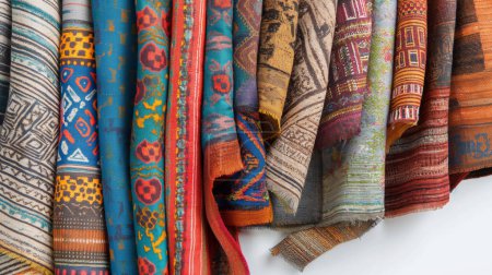 Collection of colorful, patterned fabric hanging, showcasing diverse textile designs.