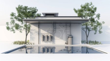 Visualisation architecturale de la section d'un bâtiment moderne avec verdure et réflexion dans l'eau.