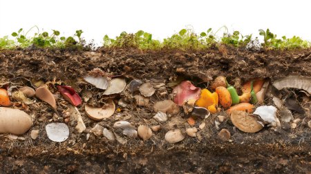 Foto de Sección transversal del suelo que muestra material de compost con plantas germinantes por encima. - Imagen libre de derechos