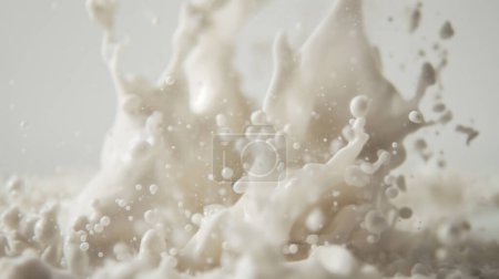 Dynamic milk splash, frozen motion, droplets suspended in the air, creamy texture.
