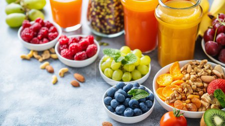 Foto de Surtido de frutas frescas, frutos secos y jugos dispuestos en una superficie texturizada, opciones de alimentos vibrantes y saludables. - Imagen libre de derechos