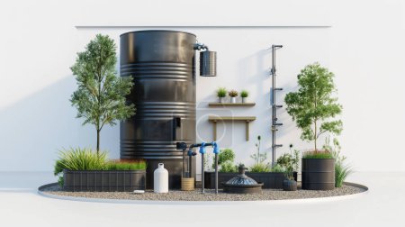 Moderne Anlage zur Wassergewinnung mit großem Tank, Rohren, Pflanzen und einem kleinen Springbrunnen.