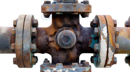 Foto de Una unión de tubería industrial en forma de cruz oxidada con bridas y pernos, aislada sobre un fondo blanco. - Imagen libre de derechos