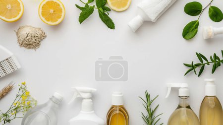 Téléchargez les photos : Produits de nettoyage naturels et ingrédients affichés sur fond blanc, suggérant un nettoyage écologique. - en image libre de droit