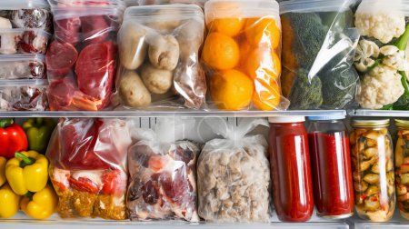 Téléchargez les photos : Une variété d'aliments organisés dans un réfrigérateur : viandes, légumes, fruits et conserves. - en image libre de droit
