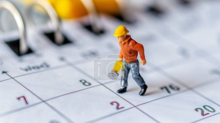 Chiffre miniature d'un ouvrier de la construction sur un calendrier, représentant la planification du projet ou les délais.