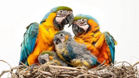 Una familia de loros guacamayos con plumas vibrantes en un nido; dos adultos y dos polluelos.