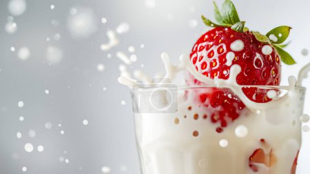 Strawberry splashing into milk in a glass, with droplets suspended in the air.