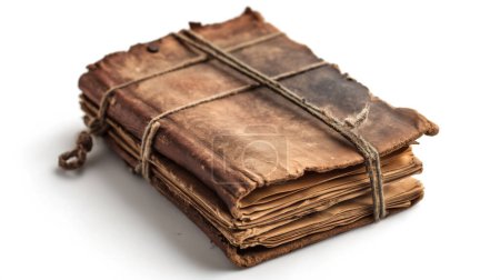 Un journal vieilli relié au cuir, attaché avec une ficelle, des pages bien usées, isolé sur un fond blanc.