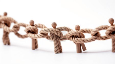 Wooden figures interlinked by a thick twisted rope, forming a chain on a white background.