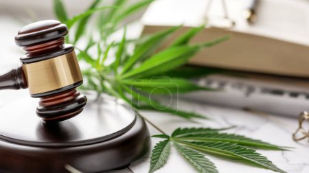 Legaler Hammer und Cannabisblatt als Symbol für Recht, Legalisierung und Regulierung.