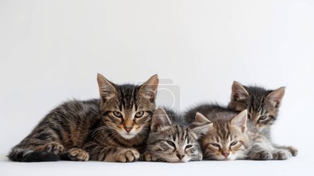 Cuatro adorables gatitos a rayas abrazándose juntos sobre un fondo blanco.