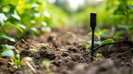 Soil moisture sensor installed in the ground among growing plants, agriculture technology concept.