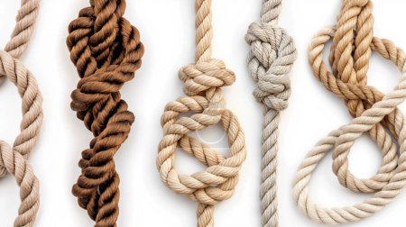 Assorted ropes tied in different knot styles on a white background, showcasing skill and variety.