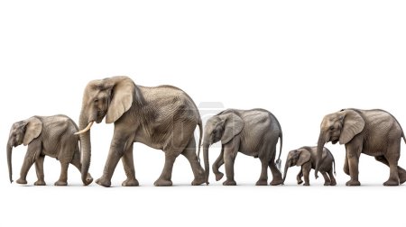 Una familia de elefantes caminando en línea, aislados sobre un fondo blanco, simbolizando la unidad y la protección.