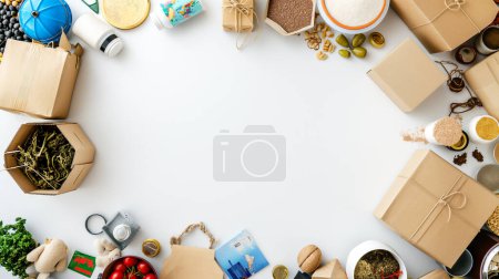 Various sustainable and eco-friendly items arranged in a semicircle on a white background, leaving space for text in the middle.