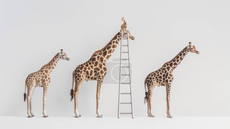 Giraffes in a line with one on a ladder against a white backdrop.
