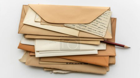 Téléchargez les photos : Pile d'enveloppes assorties et une lettre manuscrite avec un crayon. - en image libre de droit