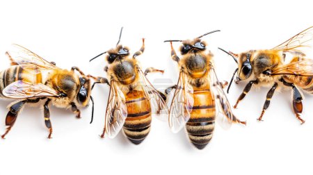 Cinco abejas, alas extendidas, sobre un fondo blanco.
