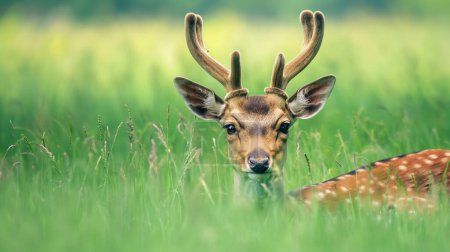 Téléchargez les photos : Un cerf tacheté avec des bois de velours regardant à travers une prairie verte luxuriante. - en image libre de droit