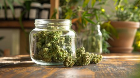 bourgeons de cannabis dans un pot transparent sur une surface en bois avec des plantes en arrière-plan.