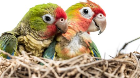Zwei bunte Papageien schmiegen sich dicht an dicht in ein Nest, mit weißem Hintergrund.