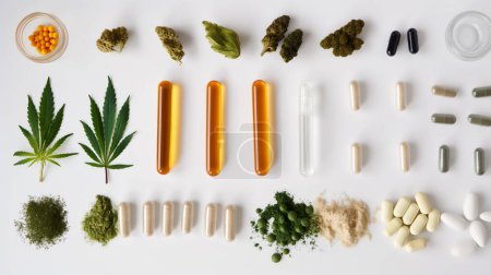 Différentes formes de cannabis et de suppléments soigneusement disposés sur une surface blanche, présentant différentes méthodes de consommation.