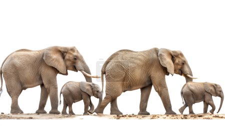 Family of African elephants walking in a line, isolated on a white background.
