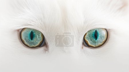 Nahaufnahme der markanten türkisfarbenen Augen einer weißen Katze, umrahmt von Fell