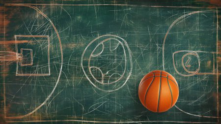 Basketball on a chalkboard with strategic play diagrams and an email symbol drawn in chalk.
