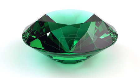 Una gema esmeralda grande y finamente cortada con intrincadas facetas sobre una superficie blanca.