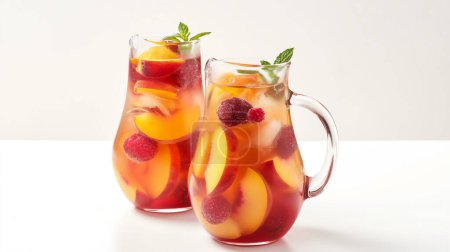 Photo for Two pitchers of refreshing fruit-infused water with peach slices and berries, garnished with mint. - Royalty Free Image