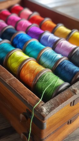 A wooden box filled with colorful spools of thread, showcasing a vibrant spectrum of textiles.