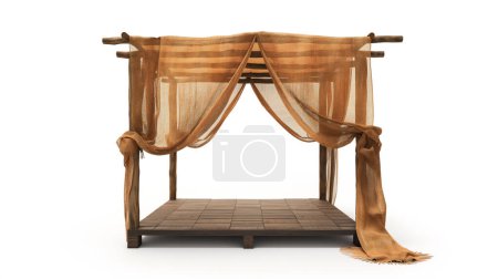 Élégant lit à baldaquin en bois drapé de rideaux brun clair sur un fond blanc.