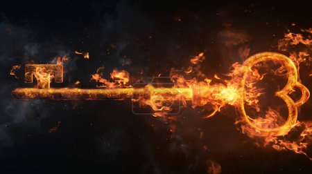 An ancient key engulfed in flames against a dark, smoke-filled background, symbolizing intense energy or unlocking power.