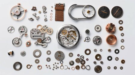 Piezas de reloj desmontadas cuidadosamente arregladas, mostrando mecánica y diseño intrincados