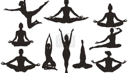Siluetas de individuos en diversas posturas de yoga, promoviendo el equilibrio y la tranquilidad.