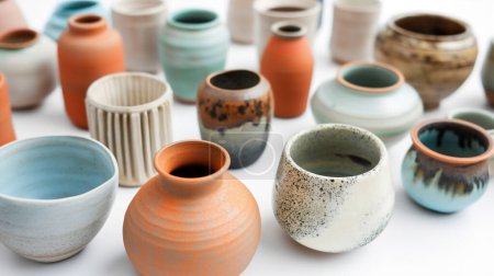 Divers pots et vases en céramique faits à la main dans différentes formes et couleurs sur un fond blanc.