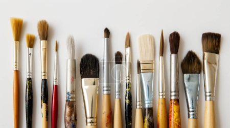 A variety of paintbrushes with different bristles and handles arranged in a row against a white background.