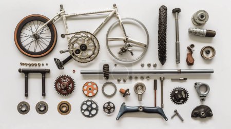Disassembled bicycle parts neatly arranged on a white background, showcasing a variety of components.
