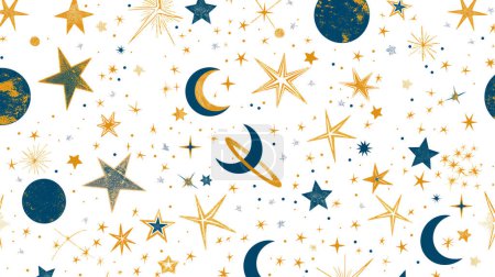 A celestial pattern with stars, planets, and moons in gold and blue hues on a white background.