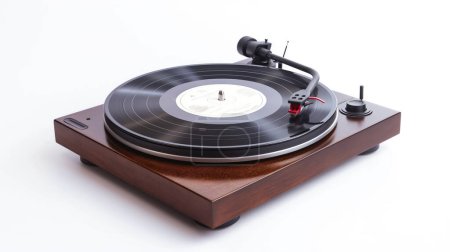 A vintage turntable with a vinyl record on a white background.