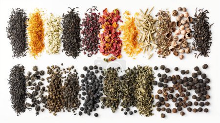 Assorted loose-leaf teas and ingredients displayed in rows on a white background.