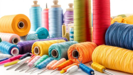 Photo for Colorful sewing threads and needles, a vibrant display of textile crafting materials. - Royalty Free Image