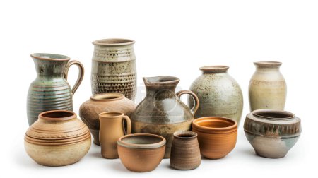 A collection of various handcrafted pottery pieces on a white background.