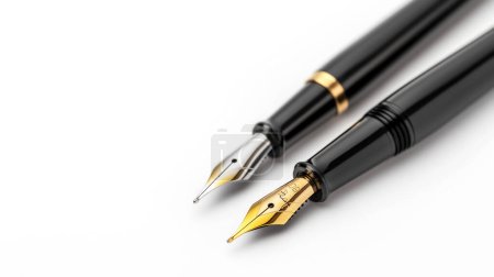 Two luxurious fountain pens with gold and silver nibs on a white background.