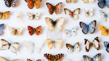 Eine vielfältige Sammlung von Schmetterlingsexemplaren auf weißem Hintergrund.