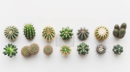 A variety of cacti arranged in a row on a white background, showcasing different shapes and sizes.