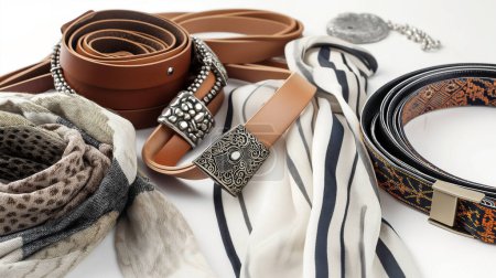 Foto de Accesorios de moda surtidos que incluyen cinturones y bufandas con patrones intrincados en una superficie blanca. - Imagen libre de derechos